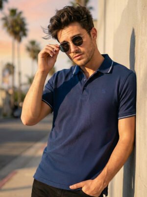 Navy Blue Plain Contrast Tipping Half Sleeves Polo T-Shirt (POLO-1161)