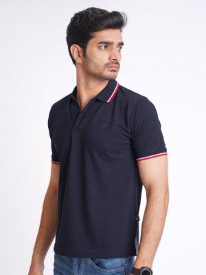 POLO592-3.jpg Navy Blue Plain Contrast Tipping Half Sleeves Polo T-Shirt (POLO-592)