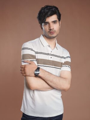 White Nylon Spandex Striped Polo Shirt (POLO-945)