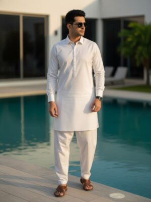 Off White Plain Exclusive Range Designer Shalwar Kameez (SK-604)