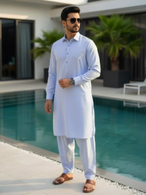 Sky Blue Plain Exclusive Range Designer Shalwar Kameez (SK-606)