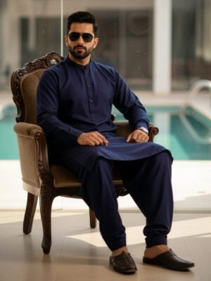 Navy Blue Designer Kurta Shalwar (SK-620)