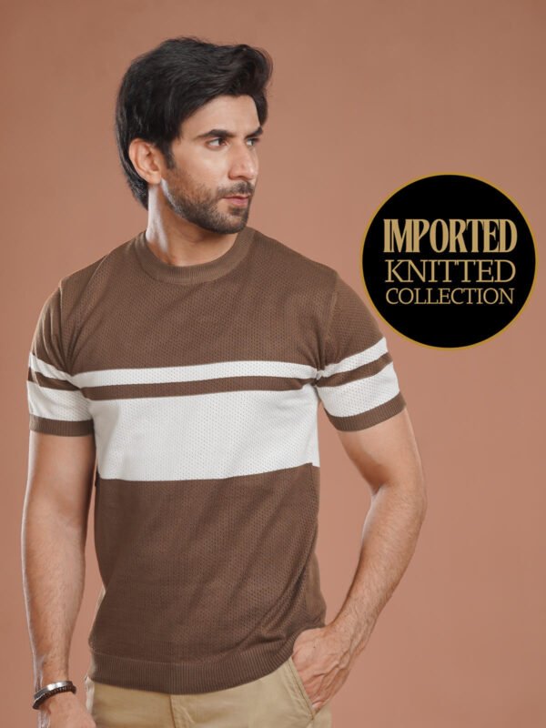 Brown & White Premium Knitted Crew Neck T-Shirt (SKCN-033)