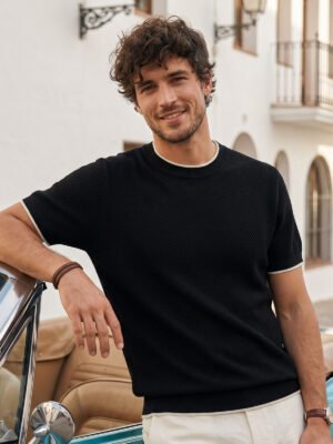 Black Premium Knitted Crew Neck T-Shirt (SKCN-069)
