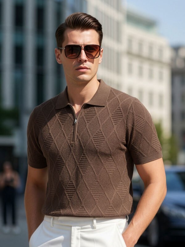 Brown Sweater Knitted Zipper Polo (SKZP-041)