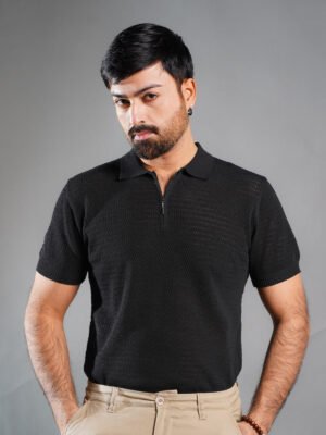 Black Sweater Knitted Zipper Polo (SKZP-008)