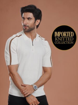 White Sweater Knitted Zipper Polo (SKZP-034)
