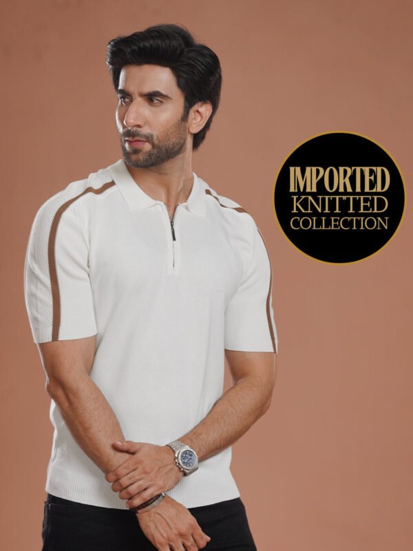 White Sweater Knitted Zipper Polo (SKZP-034)