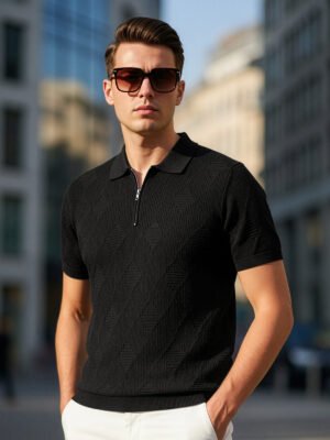 Black Sweater Knitted Zipper Polo (SKZP-042)