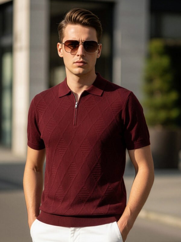 Burgundy Sweater Knitted Zipper Polo (SKZP-045)