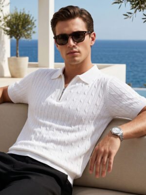 White Knitted Zipper Polo (SKZP-061)