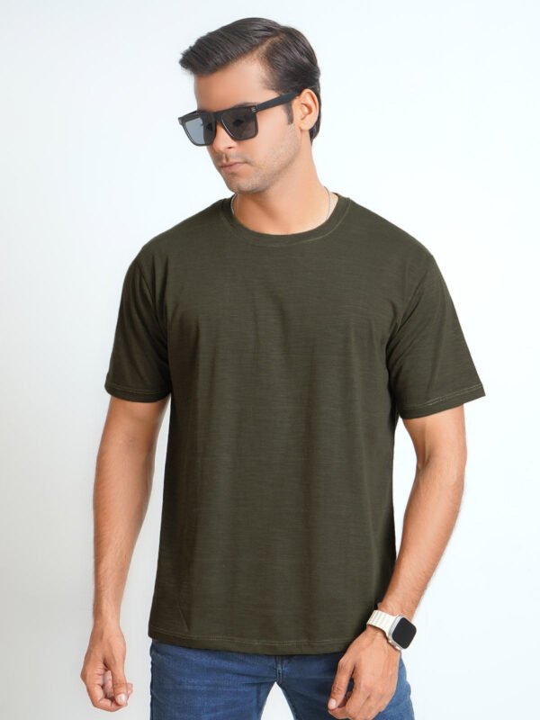 TEES117-2.jpg Dark Olive Green Self Half Sleeves Men’s Round Neck T-Shirt (TEE-117)